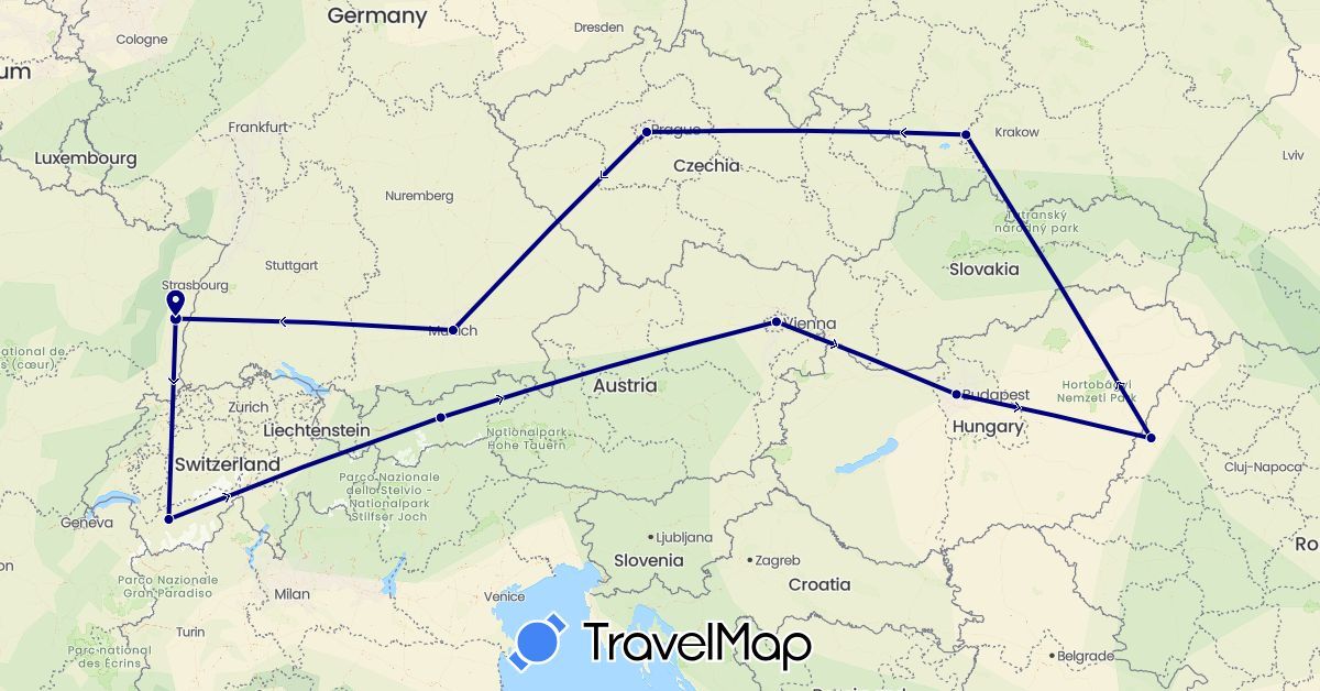 TravelMap itinerary: driving in Austria, Switzerland, Czech Republic, Germany, France, Hungary, Poland, Romania (Europe)